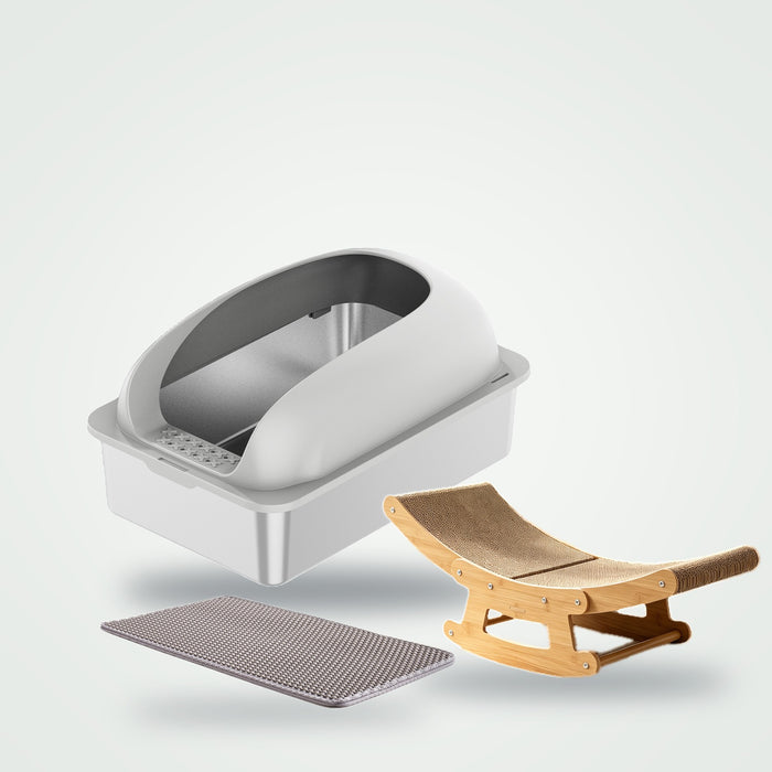 Calm Cat Corner kit: stainless steel litter box, double-layer litter mat and rocking scratcher lounge